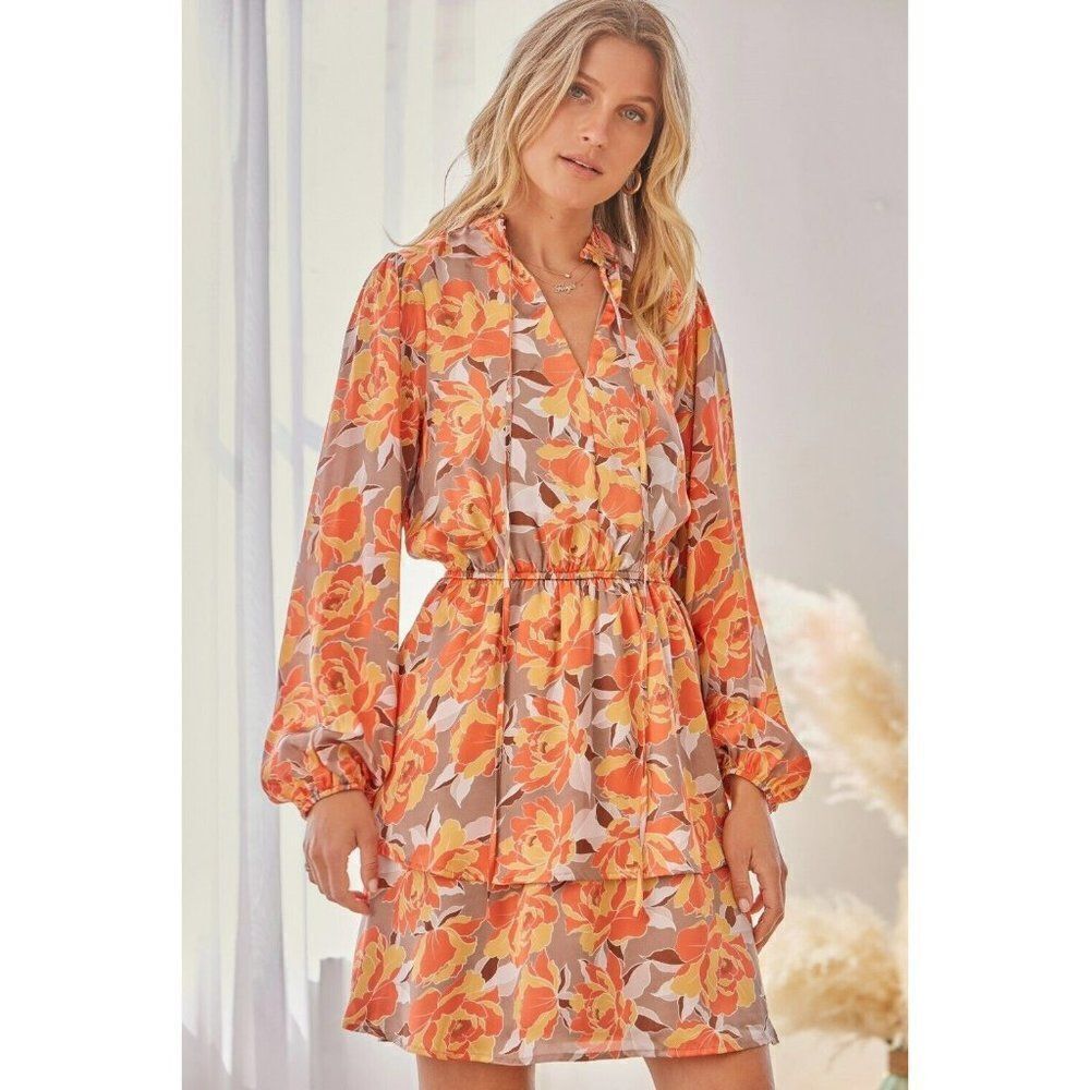 Andreeby Unit Orange Taupe Floral Printed Satin Dress Fall New S-L D10288